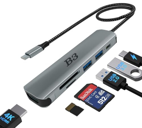 USB C Hub HDMI Adapter für MacBook Air Pro, 6 IN 1 Multiport Adaptor mit 4K 30Hz Ausgang, USB 3.0&2.0 Anschlüsse, 100W PD, SD/TF Kartenleser, Kompatibel für iPhone16/15 Laptop und mehr Type-C Geräte