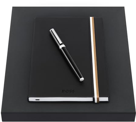 Hugo Boss Gear Icon Füllfederhalter & Notizbuch A5 Set – 2-teilig, Schwarz, edles Schreibset, HPHP254A