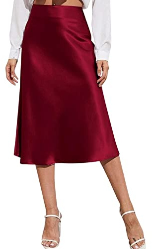 COTCLO Falda larga de gasa para mujer, falda midi de cintura alta, vestido de satén de color sólido, con cremallera, faldas de verano para mujer, Vino, 48