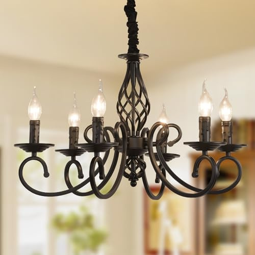 Ganeed Rustik Kronleuchter Französisch Landhaus Vintage Kronleuchter Metall in Antik Pendelleuchte für Kücheninsel Bauernhaus Esszimmer Wohnzimmer Schwarz 6 Licht