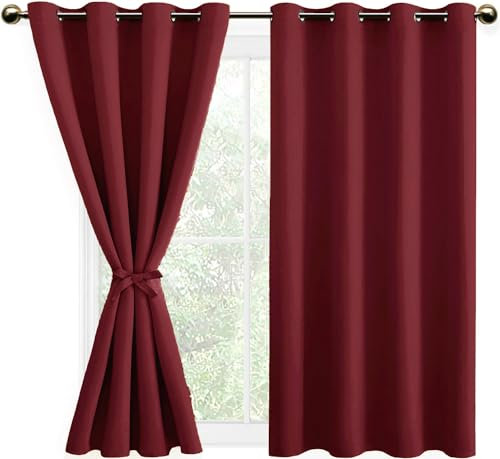 DWCN Blackout Curtains with Tiebacks for Bedroom Thermal Insulated Solid Eyelet Curtains for Living Room,2 Panels,52 Wide x 54 Drop Burgundy