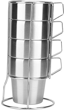 Tomotato 4 Pièces/Ensemble de Tasses à Café Empilables avec Support, Tasse à Café Empilable en Acier Inoxydable avec Porte-gobelet pour Café, Cacao, Latte, Lait et Thé