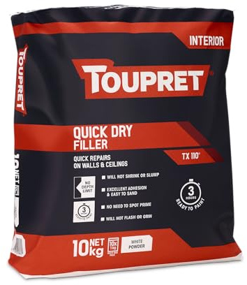 Toupret Quick Dry Filler - One‑Coat Interior Powder Filler, No Shrink or Slump, Ready to Paint in 3 Hours - Easy Mix & Sand - Smooth White Wall & Ceiling Repair - 10kg