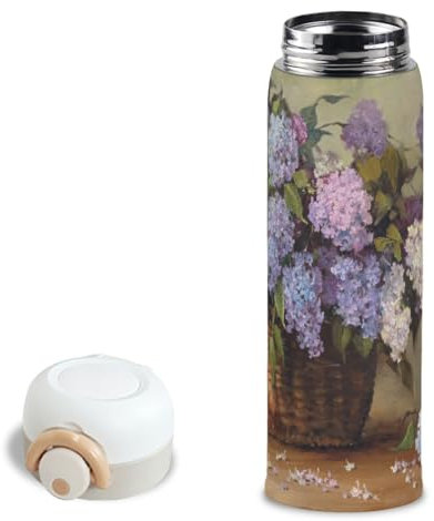SEEKJOYS Borraccia termica con fiori lilla in un cesto di fiori, in acciaio inox, tazza da viaggio con coperchio a scatto, 473,6 ml