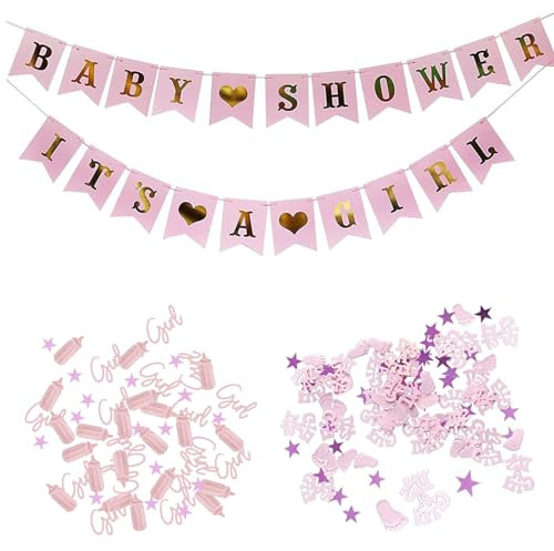 Rosa Ragazza Coriandoli e Striscione Set, Baby Shower & It's a Girl Decorazione per Feste per Bambini Compleanno, Baby Shower Coriandoli per Tavola del Feste