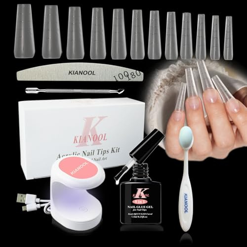 Mjukt Gel Nagelsett - 420 st konstgjorda lösnaglar med formningslinje, ballerina långa konstgjorda nagelspetsar full täckning, Naglar Med Ultraportabel Led Nagellampa och Lim för Nagelkonst 5 i 1