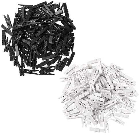 Lot de 200 mini étagères en bois pour photos, pinces à linge en bois, petites pinces pour bricolage, accessoires de bricolage (blanc, noir)