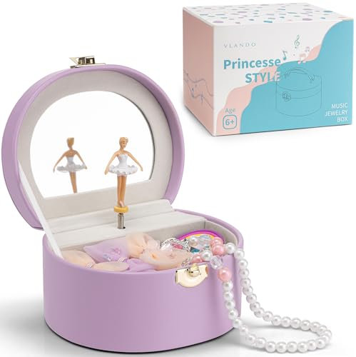 Vlando Schmuckkästchen Mädchen mit Spieluhr, Schmuckkasten Kinder mit Drehendem Ballerina & Spiegel, Spielzeug Geschenk 4 5 Jahre Mädchen, Schmuckschatulle mädchen aus Leder mit DIY Aufkleber