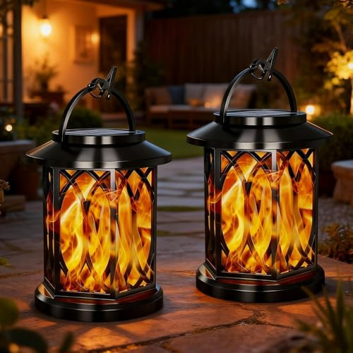 2 Stück Laterne Solar Außen, Solarlampen für Außen Garten Hängend, IP65 Wasserdichte, Campinglampe, Flammenlampe, Aussen Gartenleuchten Deko, Solarleuchten für Veranda Terrasse Hof Balkon Rasen