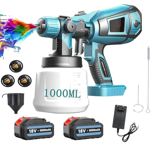 Schnurloses Farbsprühsystem, Ersatz für Makita, Farbspritzgeräte mit 18V Akku, Zaun-Farbspritzpistole mit 2X 5500mAh Akkus, Elektro Lackierpistole mit Ladegerät & 1000ML Behälter für Zäune