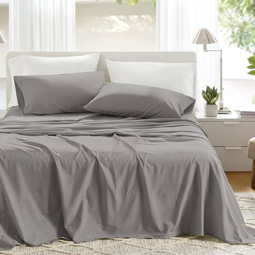Comfort Spaces Parure de lit 4 pièces Coton Respirant, léger, Doux, Drap-Housse Bonnet élastique 35,6 cm pour Matelas 40,6 cm, taie d’Oreiller, Toutes Saisons, lit Queen Size, Gris foncé