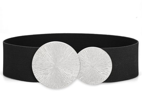 Waist Wow Damen Breiter Gürtel für Kleid Elastischer Taillengürtel Schwarz Mode Hüftgürtel für Damen mit Goldene Schnalle, Schwarz(silberne schnalle), M