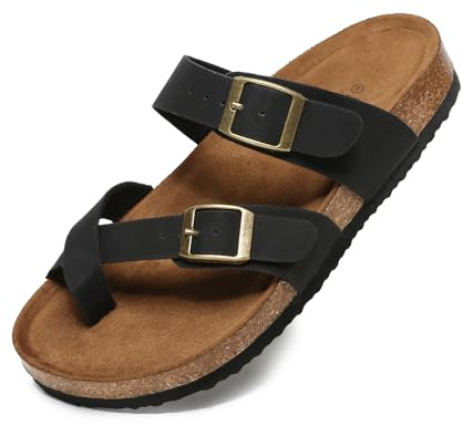Yozuru Womens Cork Footbed Sandals Comfort Open Toe Slides Adjustable Buckle Beach Summer Flat Sandals with Arch Support