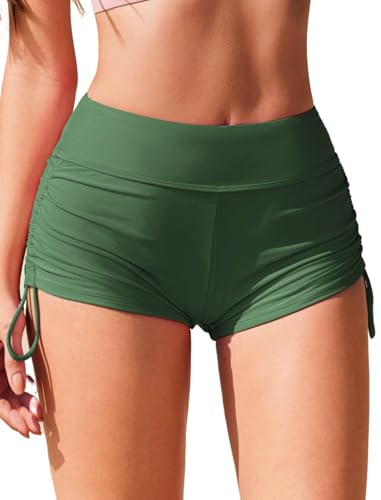 AI'MAGE Badshorts dam badbyxor hög midja shorts snabbtorkande brädshorts justerbara rynkade sidoslips bikini underdel hotpants magkontroll badkläder S-XXL, gRÖN, M
