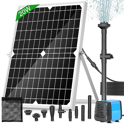FEOXSHAL Solar Water Fountain Pump, 20W Solar Pond Pump 350GPH Solar Powered Water Pump with 16.5Ft Extendable Power Cord, 4 Style Sprayers and Pump Barrier Bag for Pond Fountains, Water Features