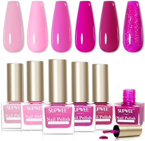 SUPWEE Nail Polish Set 6 Colors Long Lasting Nude Pink Red Nail Varnish Oil Base Glitter Nail Polish Quick Dry No Need UV Lamp Nail Gel for DIY Nail Art at Home