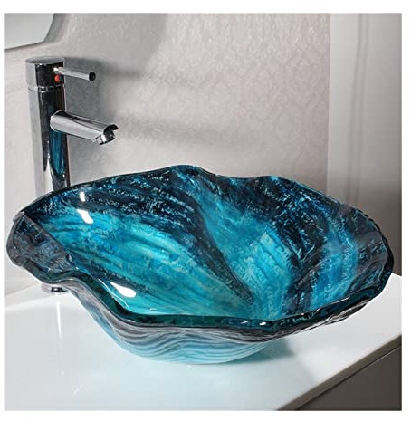 Aufsatzwaschbecken Aufsatzwaschbecken Badezimmer Glaswaschbecken Waschbecken Blau Mit Schwarz Garderobentheke Geriffelte Wellenblumenschale Aufsatzwaschbecken Badezimmerwaschbecken Keramik Kleines Wa