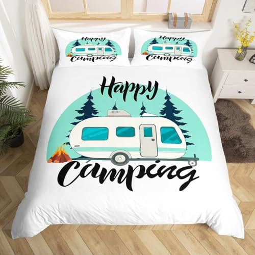 Homemissing Happy Camping Bettbezug Set RV Camping Bettwäsche Set 200x200cm für Kinder Erwachsene Cartoon Camping Auto Betten Set Grün Weiß Bettdeckenbezug 3Stück