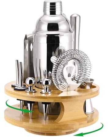 Cocktail Shaker Set 12-Piece, 25 OZ Food Grade Stainless Steel Cocktail Shaker Mixology Bartender Kit with Rotating Stand, Bar Set Essential for Beginners and Professionals at Home or Parties