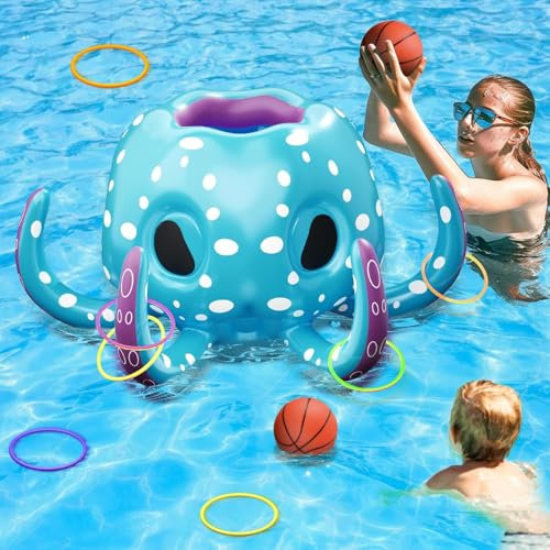 KAHEIGN 80CM Giocattoli Gonfiabili a Forma di Polpo per Piscina, 2 in 1 Canestro da Basket Gonfiabile e Giochi di Lancio degli Anelli per Estate Lago Spiaggia Acqua Gioco Festa Regalo (Blu)