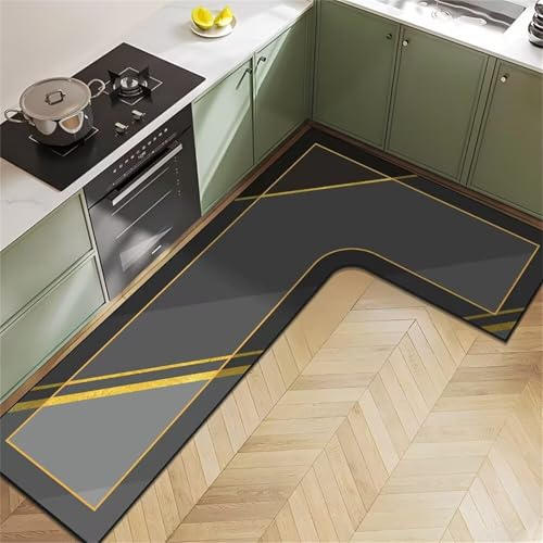 Hixingo Küche Teppich rutschfest Kieselgur Modern L-förmig Küchenläufer Schnelltrocknend Küchenmatte Absorbierend Läufer Teppich Modern Abwaschbar Küchenteppich (Dunkelgrau,80x150x34cm)
