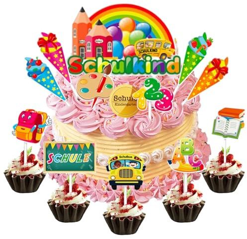 23 Stück Tortendeko Einschulung, Schulkind Tortendeko ABC 123 Cupcake Topper, Regenbogen Kuchendeko Schulanfang, Schulkind Cake Topper, für Mädchen Junge 1. Schultag Schulanfang Party Deko (N)