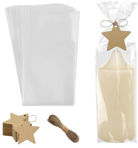 KQOZG Juego de 50 bolsas de celofán para velas 12,5x27,5 cm Bolsas de celofán OPP con 50 etiquetas de regalo kraft y cordel para el envasado de velas, dulces y galletas fiesta de boda San Valentín