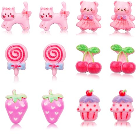 Mikovivi 6 Paar Niedliche Ohrclips, Harz Kinderohrringe Ohne Ohrloch Bär Kuchen Lutscher Erdbeere Ohrstecker zum Verkleiden für Partys Geschenk
