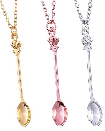 GDQQOYWQT 3 Pcs Spoon Necklace Set - Mini Charms Ket Necklace Small Spoon Tiny Little Scoop Teaspoon Metal Crown Pendant Long Chain Home Supplies for Women Girl Jewellery Party Gift