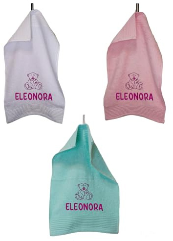 Generico Set di 3 asciugamani personalizzati per bambini da asilo/nido/scuola materna, ricamati con il nome e disegno, asciugamano personalizzato, alta qualità-500 g/m², 100% cotone!