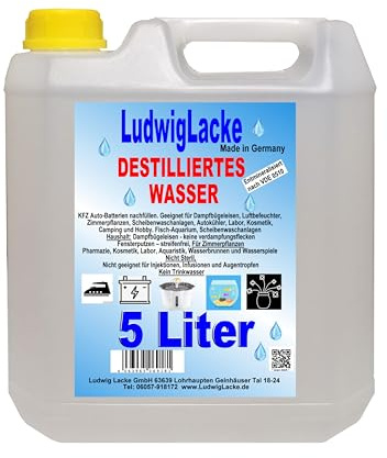 LudwigLacke Destilliertes Wasser, 5 Liter Kanister, Premium Qualität, Made in Germany