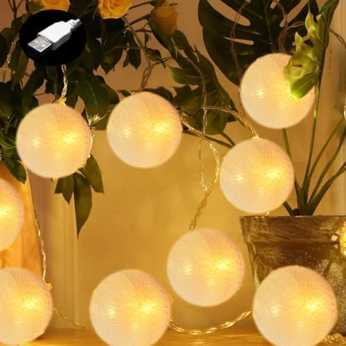 SUNOYA Baumwollkugeln Lichterkette 6M, 40 LED Cotton Ball Lichterkette, Led Kugeln Lichterkette Innen Mit Usb-Buchse, Cotton Ball Lichterketten Kugeln Für Hochzeit, Party, Innen Und Außen Deko