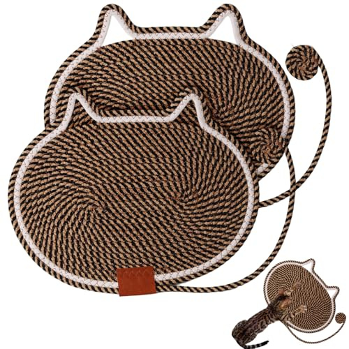 2 PC Cat Scratcher Mat - Natural Cotton Rope Oval Horizontal Scratch Pad (11''x13.7'') with Dangling Ball Toy, Cat Ear Design, Furniture Protector for Floor/Wall, Durable Handmade (Balck, 2 PC)