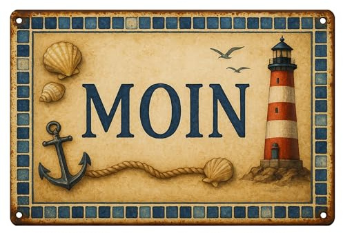AstraDesign Blechschild „MOIN“ – maritimes Metallschild mit Leuchtturm & Anker – 20x30 cm – UV-beständig – Nordsee- & Ostfriesland-Deko – Vintage Wanddeko für Bad, Flur & Garten