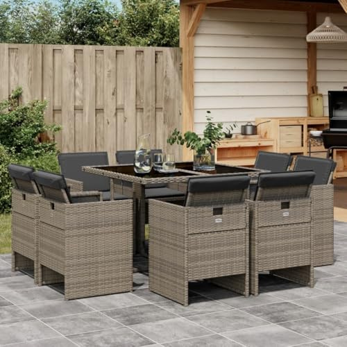 QJBSAVVA 9-TLG. Gruppo da giardino grigio 110 x 106 cm, con sedie pieghevoli e in rattan sintetico, resistente ai raggi UV, per balcone, terrazza e giardino