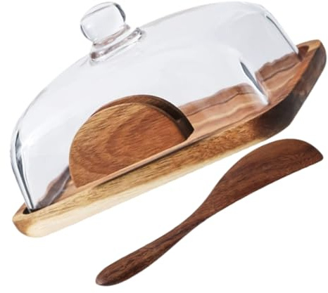 Toyvian Mantequillera de Madera con Tapa de Vidrio Transparente Bandeja para Queso y Aperitivos Caja de Conservación para Pan y Mantequilla Multiusos para Cocina y Fiestas Casa