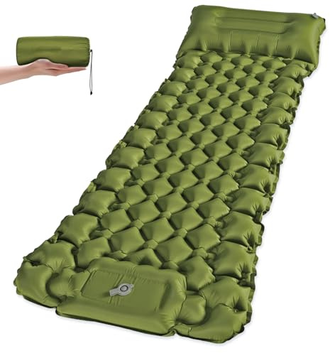 NHOWIN Isomatte Selbstaufblasend Camping Fußpumpe Kissen Ultraleicht Grün | Aufblasbare Campingmatte mit Fußpumpe, Kissen und leichtem Packmaß. Für Zelt, Strand, Wandern, Backpacking und Outdoor.