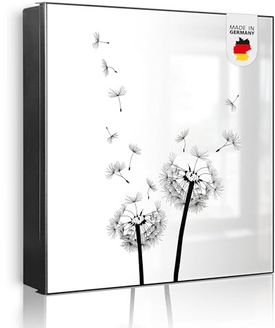 banjado Großer Schlüsselkasten Metall - Schlüsselbox 30x30cm beschreibbarer mit 32 Haken - Schlüsselkasten modern für Schlüsselaufbewahrung - Korpus Schwarz Scharnier Links - Motiv Pusteblume 2