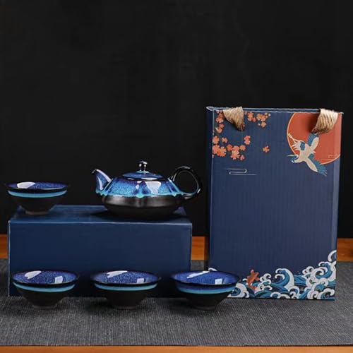 Juego de té de cerámica con tetera y tazas, esmalte azul, estilo japonés, caja de regalo incluida, grulla decorativa y diseño floral