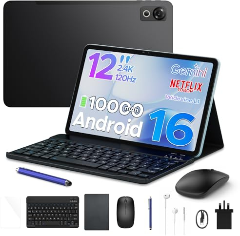 POCKAM P12 Android 16 Tablets (2026), 120Hz 2.4K 12 Inch Tablet with Gemini AI, 48GB+128GB/2TB, Unisoc T7280 Octa-Core, 10000mAh, 13MP+8MP, Face ID, Widevine L1, 3.5mm Headphone, Keyboard, Pen, Black