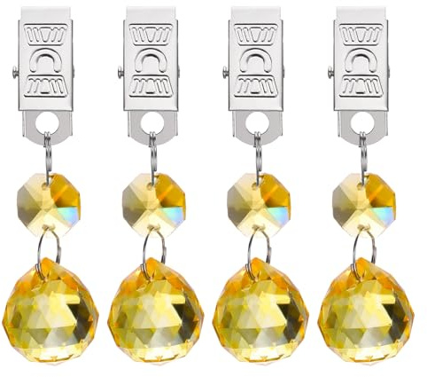 QUARKZMAN 4Stk Tischdeckenbeschwerer Kristall Mit Metallclips 20mm Goldgelb | Tischdeckenhalter, Klare Kugelform Vorhanggewicht, Für Outdoor Picknick Garten Tischdekoration
