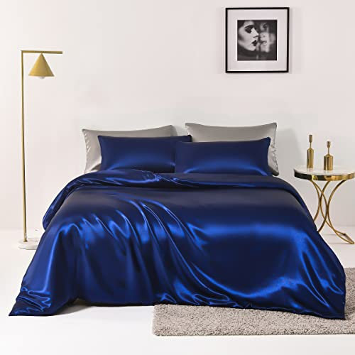 Chanyuan 2 TLG.Dunkelblau Seide Satin Bettwäsche Set | Bettdeckenbezug 155x220 cm mit Kopfkissenbezug 80x80 cm | Anthrazit | 2 teilig Bettgarnitur | Baumwolle Bettbezug mit Reißverschluss