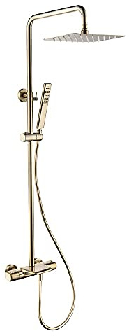 Aufputz-Duschsystem Thermostatische Regenbrause komplett aus Bronze Gebürstetes Gold Duschsäule mit Wasserfall-Badewannenauslauf, Handbrause, Kopfbrause