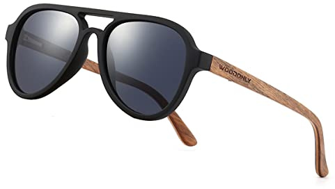 WOODONLY Occhiali da Sole Polarizzati in Legno da Pilota - Occhiali da Sole in Legno in Stile Moda per Uomini e Donne Regali Perfetti (Nero, noce)