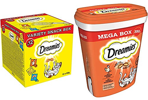 Dreamies Katzensnacks mit verschiedenen Geschmacksrichtungen – Huhn, Käse & Lachs, 12 x 60g & Mix Katzensnacks mit Huhn-Geschmack – Außen knusprig & innen cremig – 2 x 350g