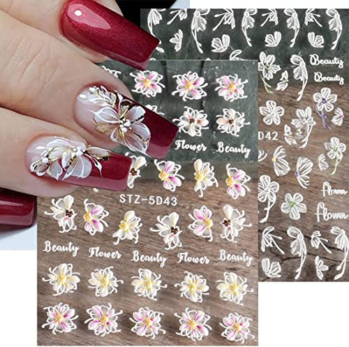 4 Blatt 3D Nagelsticker Blumen Nagelaufkleber 5D Stereoskopisch Selbstklebend Rosa Kirschblüten Nail Art Sticker Dekoration Nageldesign Zubehör