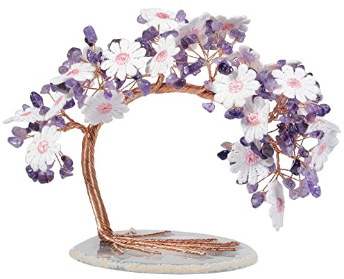 KYEYGWO Amethyst Spitze Blume Kristall Geldbaum auf Achat Scheiben Base, Traditioneller Stickerei Steinbaum Feng Shui Bonsai Baum Figuren Ornament Haus Deko für Glück, Reichtum