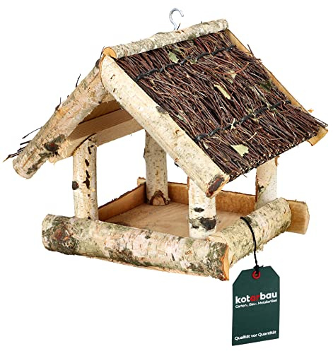 KOTARBAU® Fågelmatare - Björkträ - 25,5 x 25,5 x 23,5 cm - Brun - Hängande Fågelbord med Tak, Naturlig - Spatzenhus - Fågelhus För Uteplats - Klassisk Fågelmatare i Trä