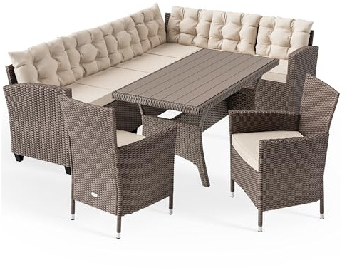 Casaria Set di Mobili Outdoor Salottino Esterno Polyrattan Lounge Tavolo da Pranzo Panca ad angolo 2 Sedie da Giardino