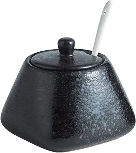 Pot à épices Pot en céramique, sucrier japonais en céramique avec couvercle, pot à sucre en porcelaine de 340 ml/12 oz avec cuillère, petit pot à sel, bocal de rangement, for café-bar, restaurant-bleu